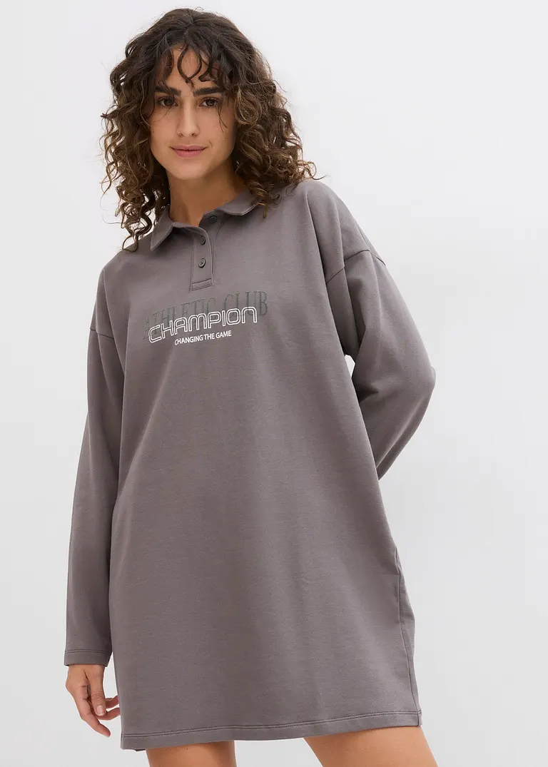 Bonprix Lässiges Sweatkleid Mit Polokragen Und Langen Ärmeln - Grau