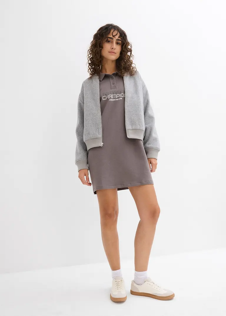 Bonprix Lässiges Sweatkleid Mit Polokragen Und Langen Ärmeln - Grau