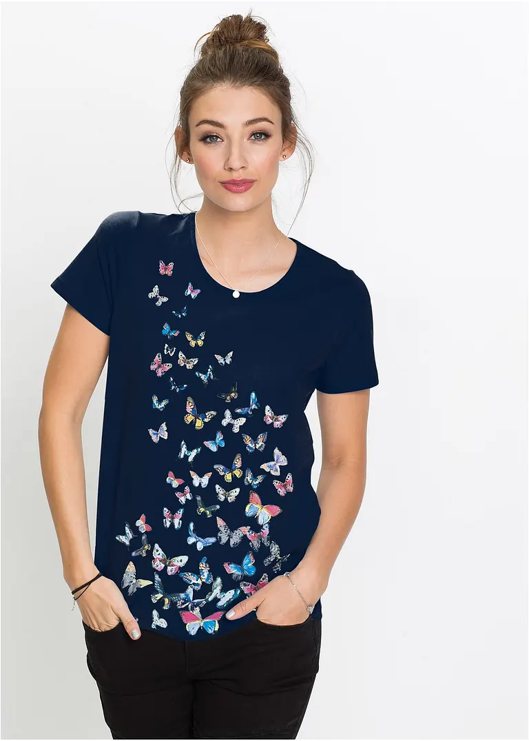 Bonprix Lässiges T-Shirt Mit Druck Vorne - Blau - Damen