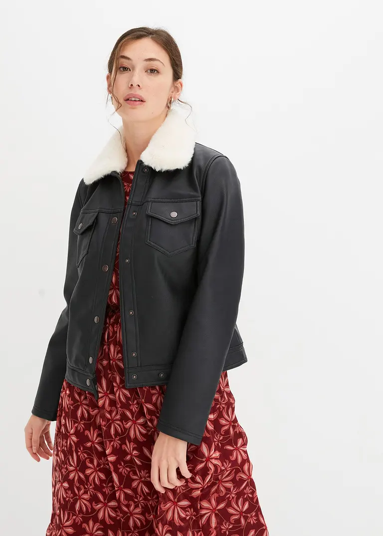 Bonprix Lederimitat Pilotenjacke Mit Stylischem Kragen - Schwarz - Damen
