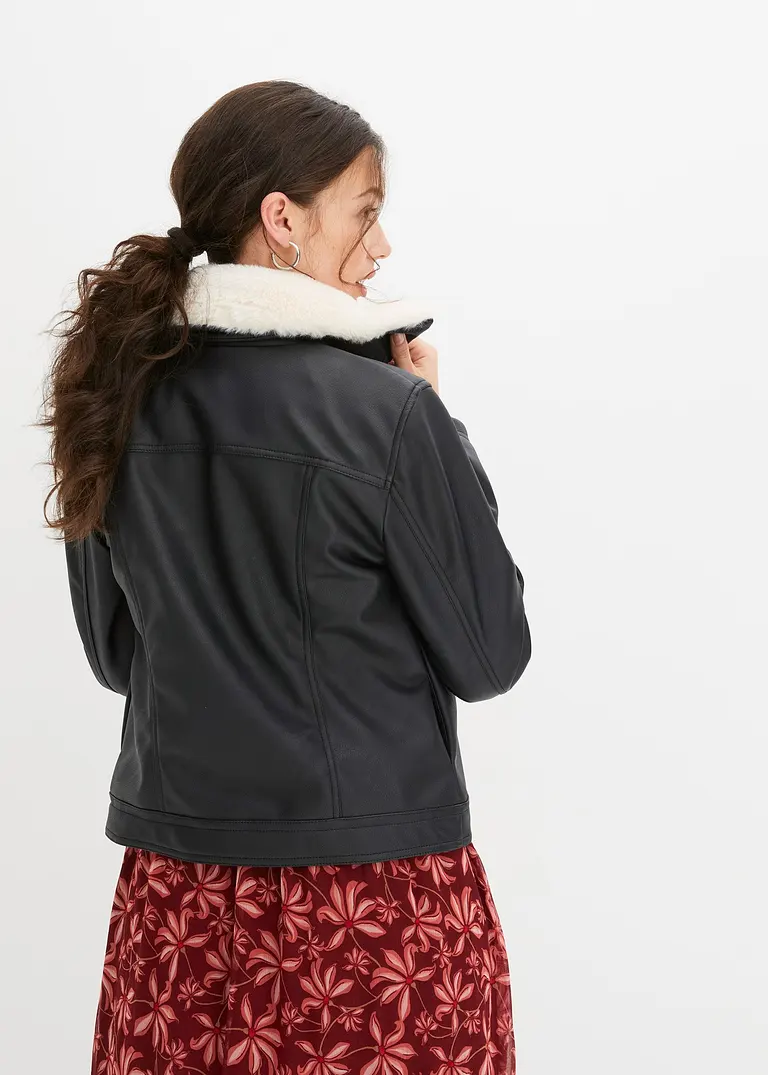 Bonprix Lederimitat Pilotenjacke Mit Stylischem Kragen - Schwarz - Damen