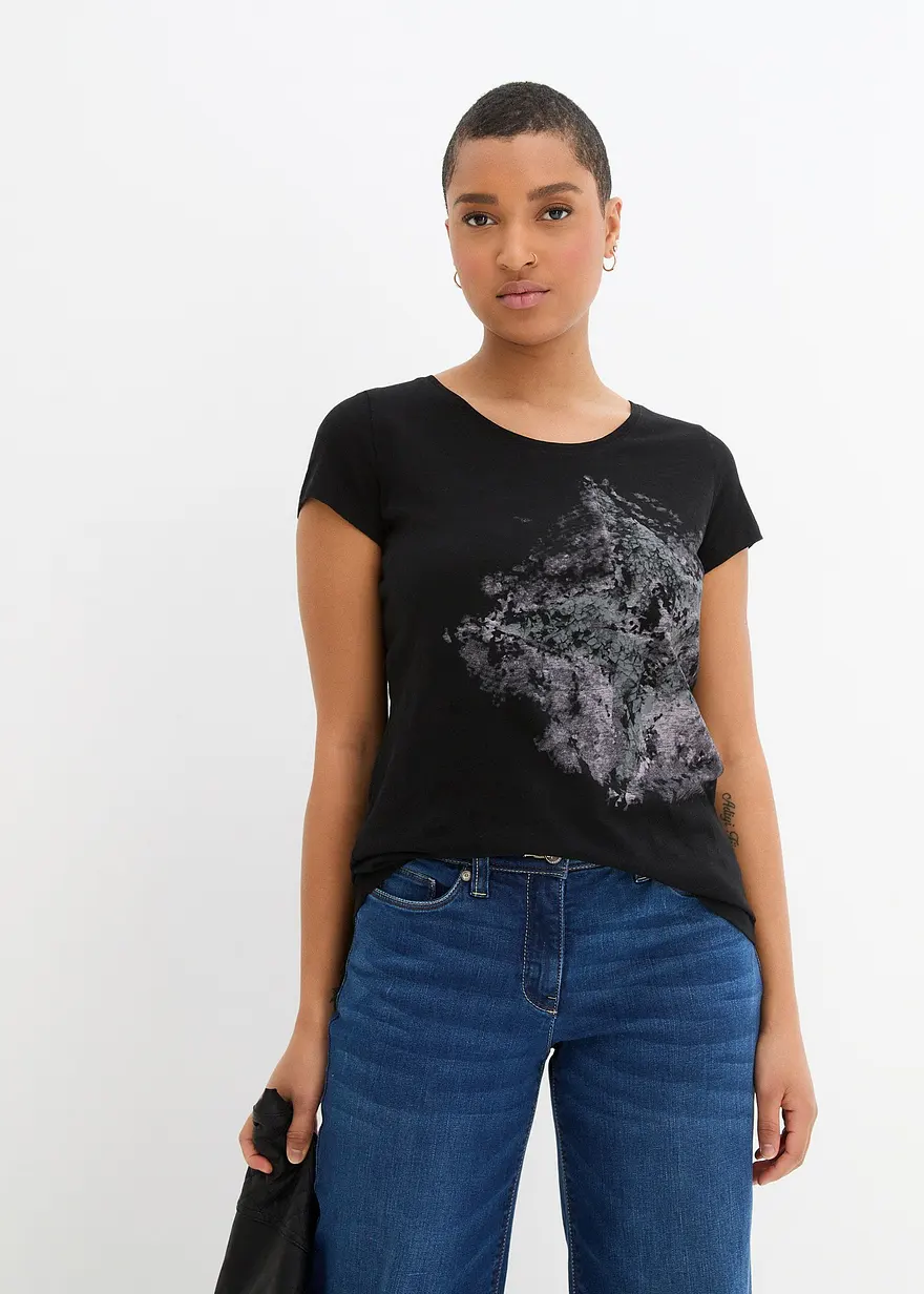 Bonprix Legeres Flammgarn-Shirt Mit Traumhaften Druck - Schwarz