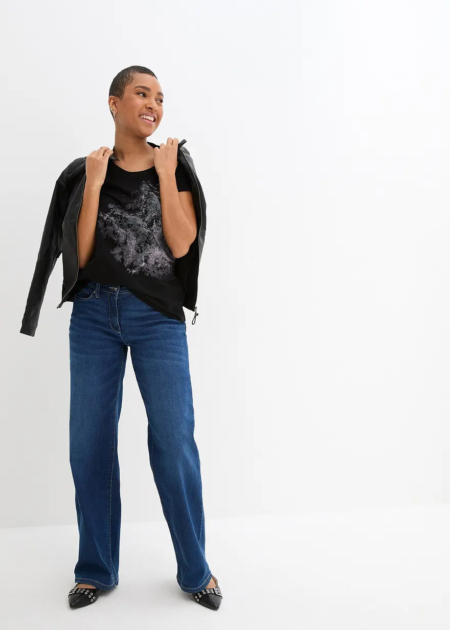Bonprix Legeres Flammgarn-Shirt Mit Traumhaften Druck - Schwarz