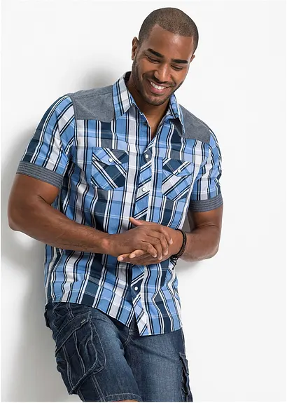 Bonprix Legeres Kurzarm-Hemd Mit Jeans-Besatz Und Brusttaschen - Blau
