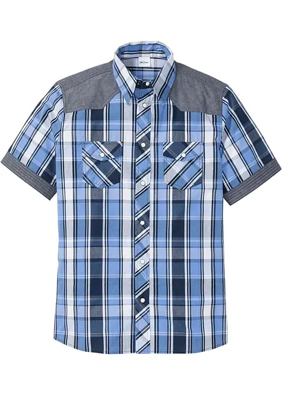 bonprix Legeres Kurzarm-Hemd mit Jeans-Besatz und Brusttaschen - blau