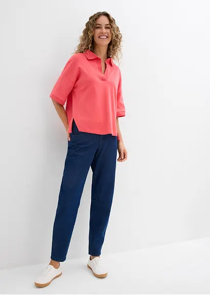 Bonprix Legeres Kurzarmstil Poloshirt Mit Kragen Aus Rippenstrick Und V-Ausschnitt In Lockerer Passform