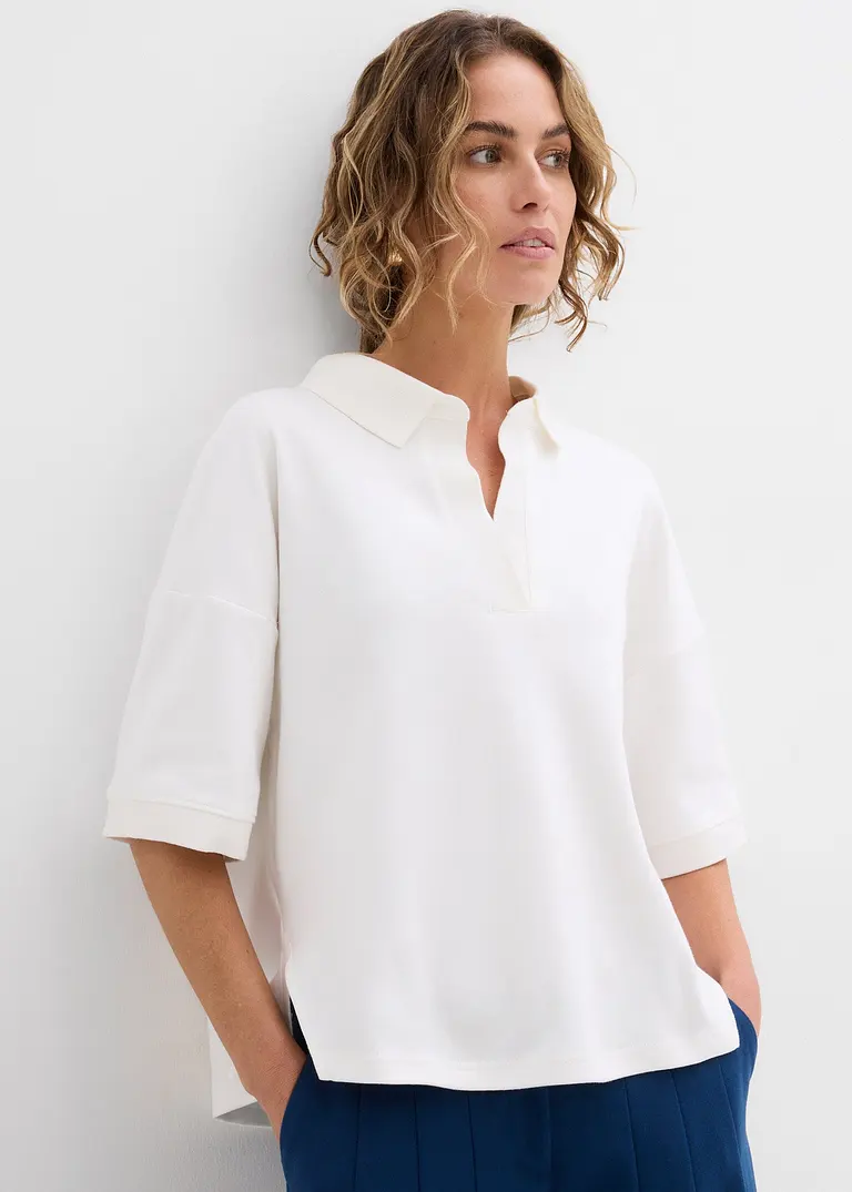 Bonprix Legeres Kurzarmstil Poloshirt Mit Kragen Aus Rippenstrick Und V-Ausschnitt In Lockerer Passform