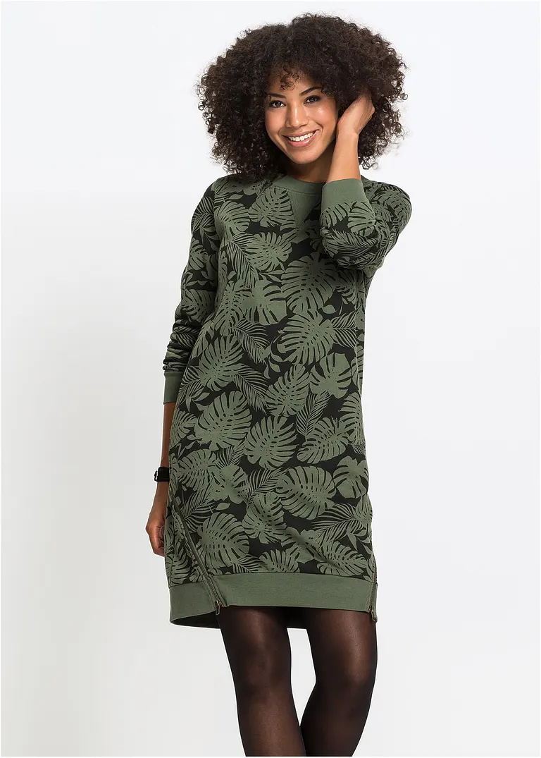Bonprix Legeres Sweatkleid Mit Druck Und Rundhalsausschnitt - Grün