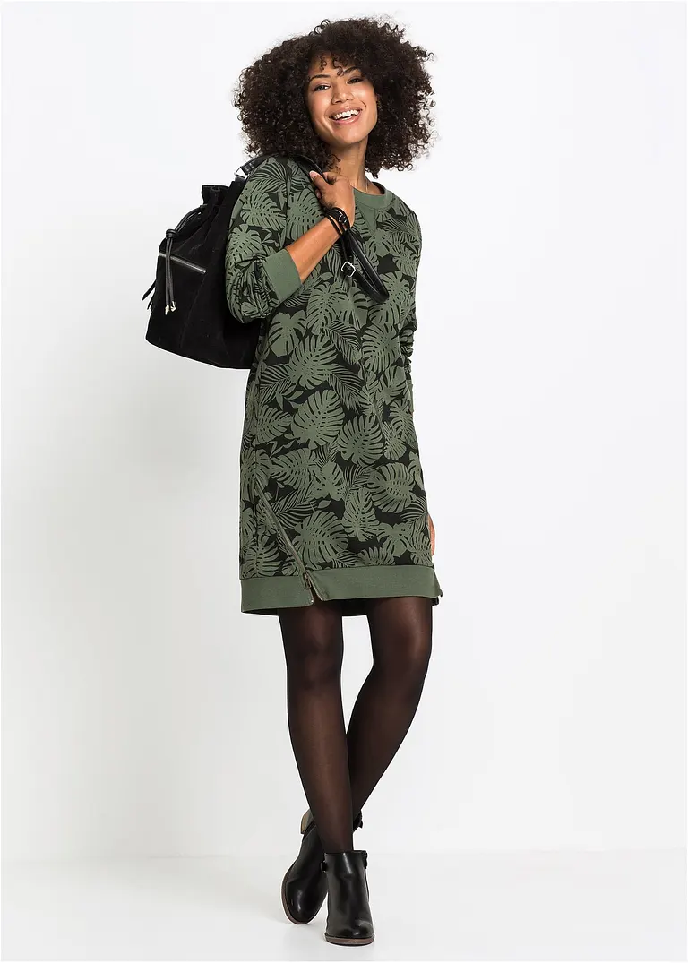 Bonprix Legeres Sweatkleid Mit Druck Und Rundhalsausschnitt - Grün