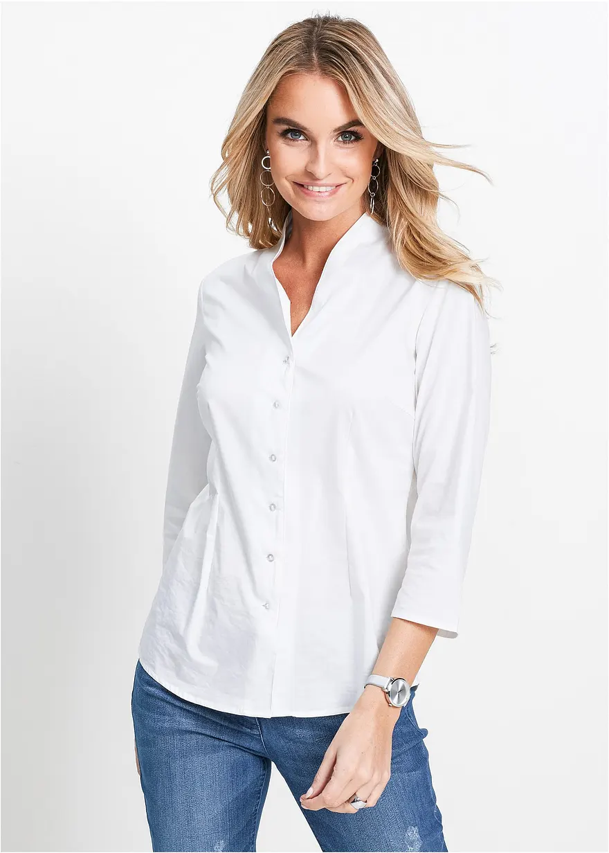 Bonprix Leicht Taillierte Bluse Mit Kleinem Stehkragen Und 3/4-Ärmeln
