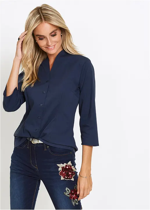 Bonprix Leicht Taillierte Bluse Mit Kleinem Stehkragen Und 3/4-Ärmeln