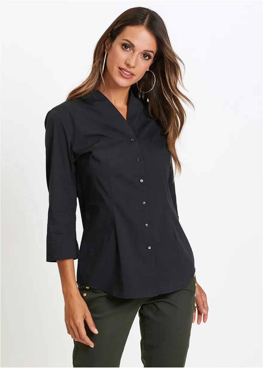 Bonprix Leicht Taillierte Bluse Mit Kleinem Stehkragen Und 3/4-Ärmeln