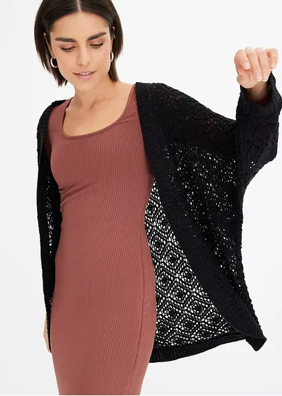 Bonprix Leichte Strickjacke Im Schönen Ajour-Design Gestrickt. - Schwarz