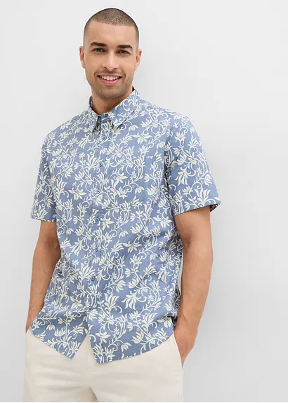 Bonprix Leichtes Herren-Kurzarmhemd Mit Floralem Print - Blau