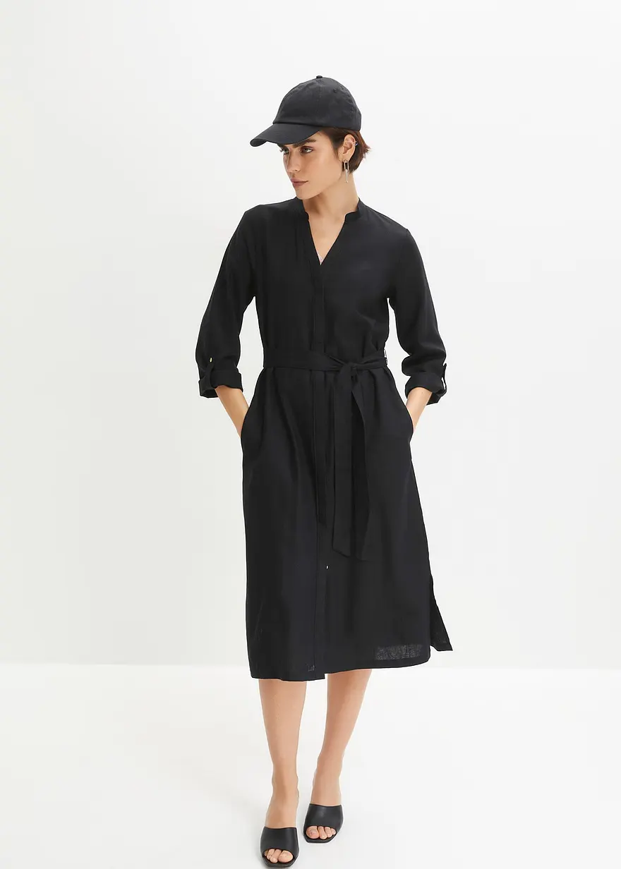 Bonprix Leinenkleid Mit Taschen Und ¾ Arm Zum Krempeln - Schwarz - Damen
