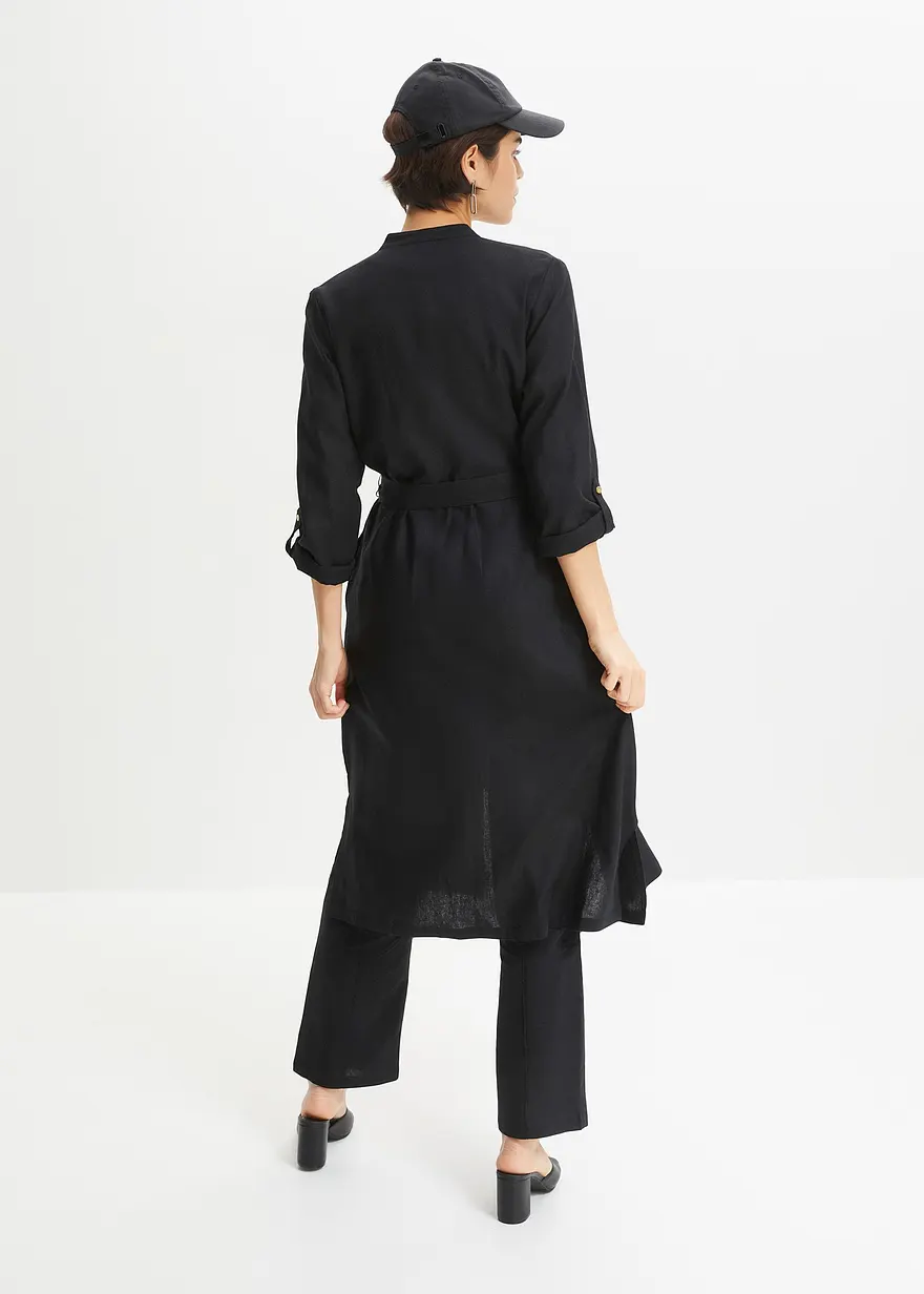 Bonprix Leinenkleid Mit Taschen Und ¾ Arm Zum Krempeln - Schwarz - Damen