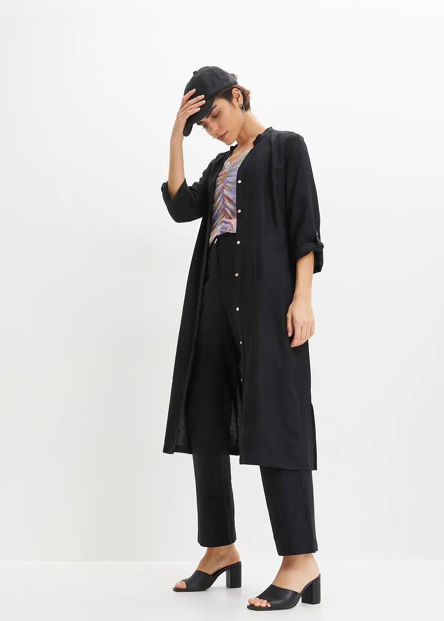 Bonprix Leinenkleid Mit Taschen Und ¾ Arm Zum Krempeln - Schwarz - Damen