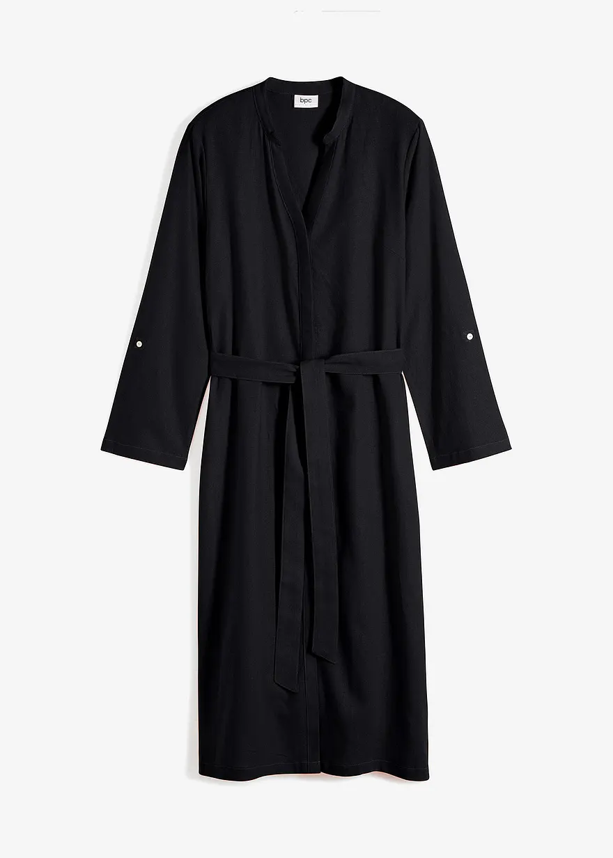 bonprix Leinenkleid mit Taschen und ¾ Arm zum krempeln - schwarz - Damen