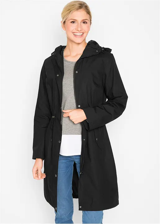 Bonprix Locker Geschnittener Longparka Mit Kapuze Tailliert - Schwarz