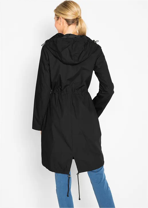 Bonprix Locker Geschnittener Longparka Mit Kapuze Tailliert - Schwarz