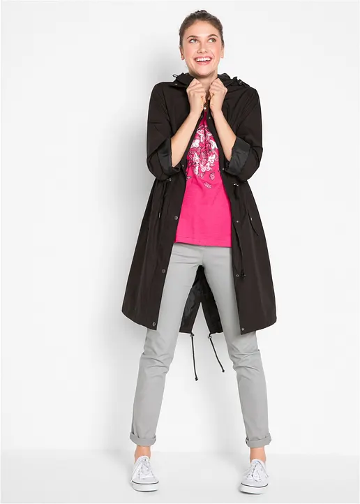 Bonprix Locker Geschnittener Longparka Mit Kapuze Tailliert - Schwarz