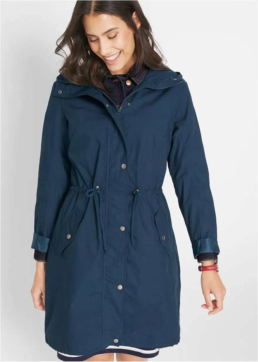 Bonprix Locker Geschnittener Longparka Mit Kapuze Tailliert - Blau