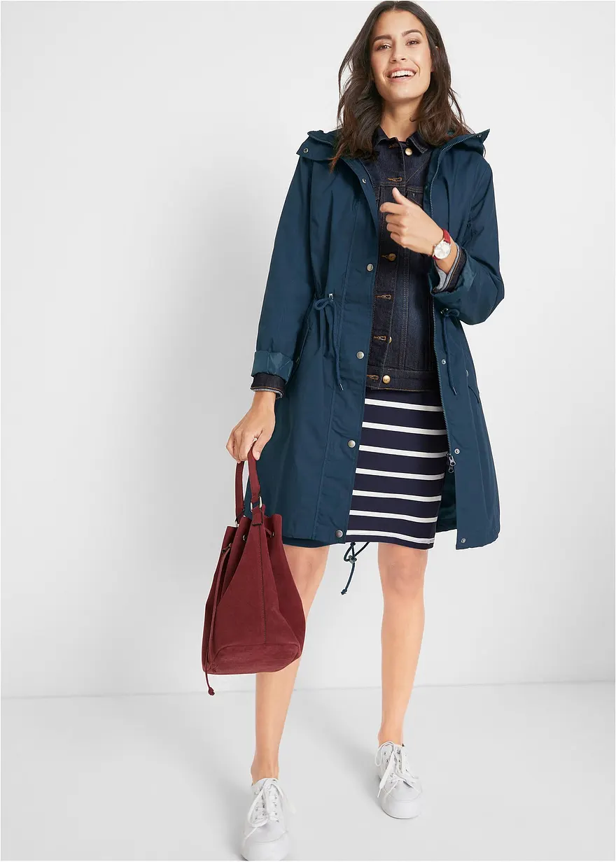Bonprix Locker Geschnittener Longparka Mit Kapuze Tailliert - Blau