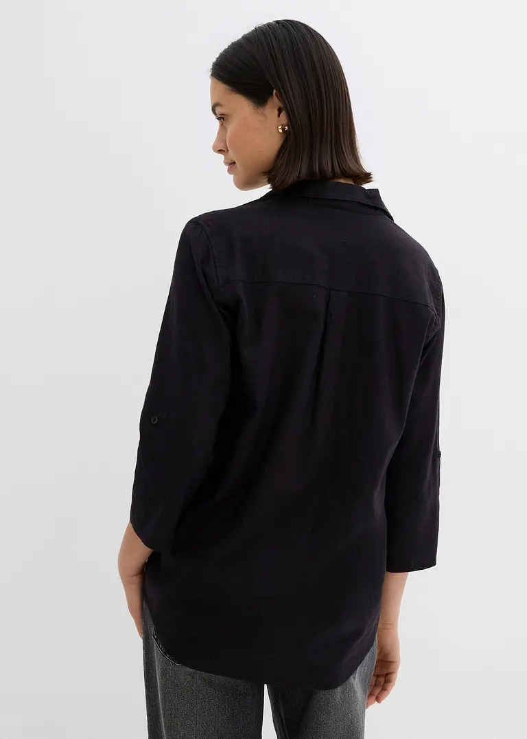 Bonprix Locker Sitzende Leinenbluse Mit Verstellbaren Ärmeln - Schwarz