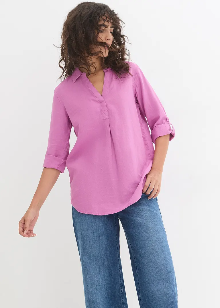 Bonprix Locker Sitzende Leinenbluse Mit Verstellbaren Ärmeln - Pink
