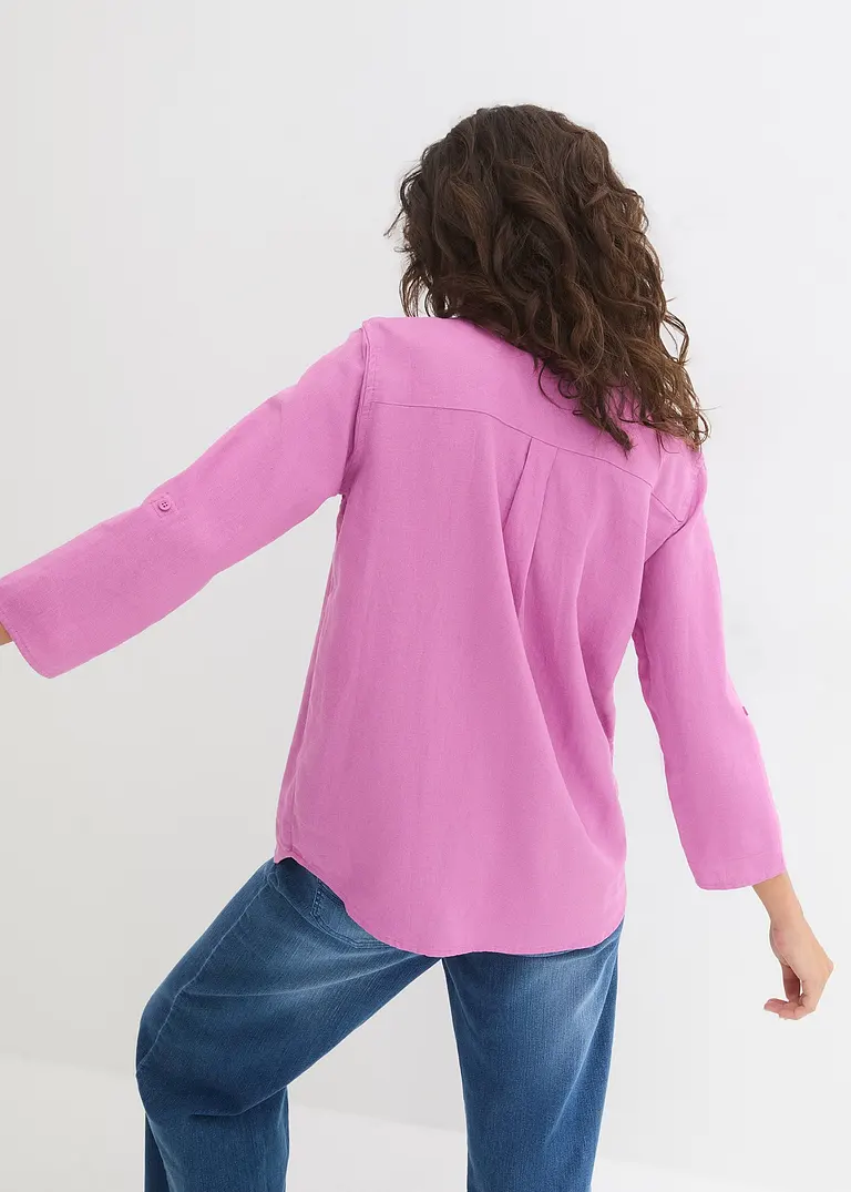 Bonprix Locker Sitzende Leinenbluse Mit Verstellbaren Ärmeln - Pink