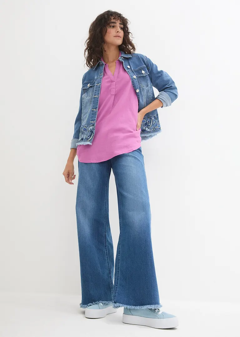 Bonprix Locker Sitzende Leinenbluse Mit Verstellbaren Ärmeln - Pink