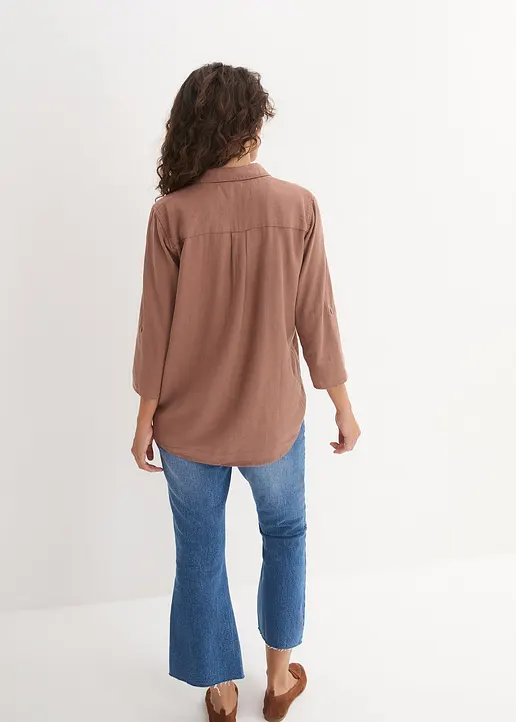 Bonprix Locker Sitzende Leinenbluse Mit Verstellbaren Ärmeln - Braun