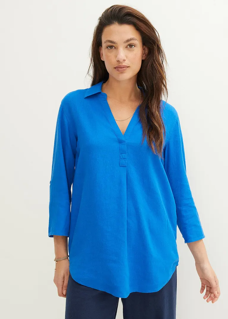 Bonprix Locker Sitzende Leinenbluse Mit Verstellbaren Ärmeln - Blau