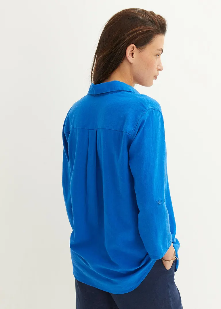Bonprix Locker Sitzende Leinenbluse Mit Verstellbaren Ärmeln - Blau