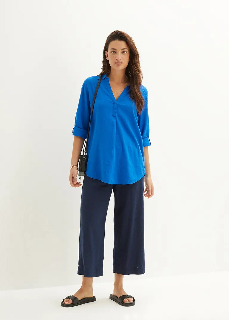 Bonprix Locker Sitzende Leinenbluse Mit Verstellbaren Ärmeln - Blau