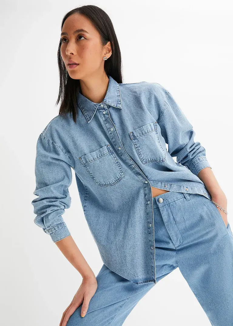 Bonprix Lockeres Jeanshemd Mit Taschen Und Kentkragen - Blau