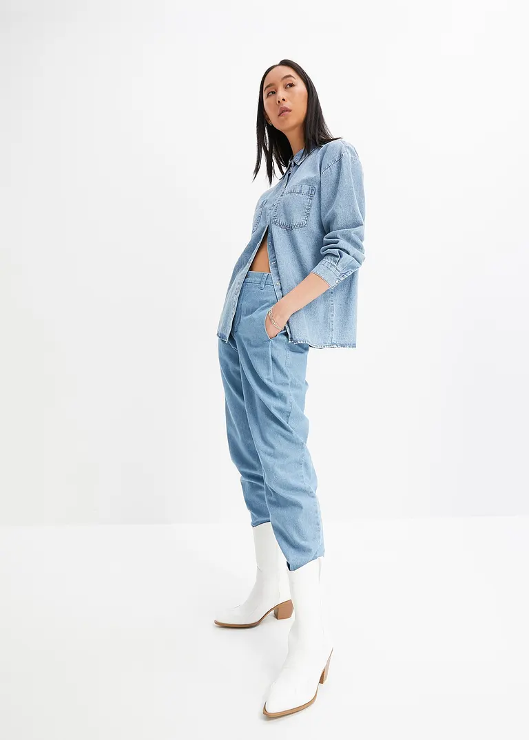 Bonprix Lockeres Jeanshemd Mit Taschen Und Kentkragen - Blau