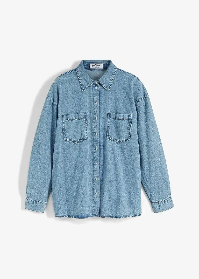 bonprix Lockeres Jeanshemd mit Taschen und Kentkragen - blau