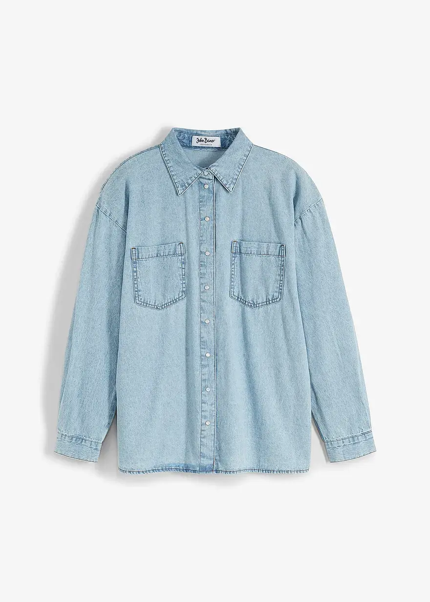 bonprix Lockeres Jeanshemd mit Taschen und Kentkragen - blau