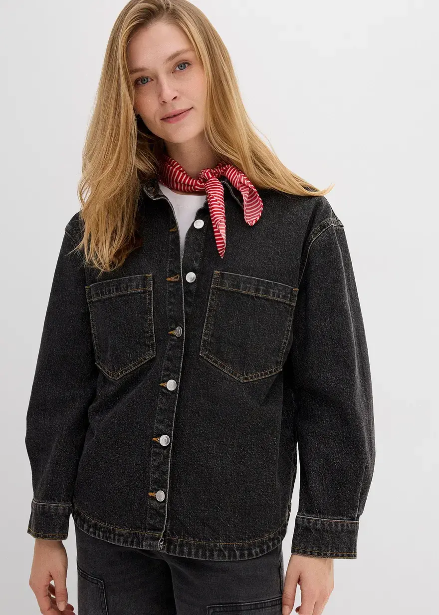 Bonprix Lockeres Jeanshemd Mit Taschen Und Kentkragen - Schwarz
