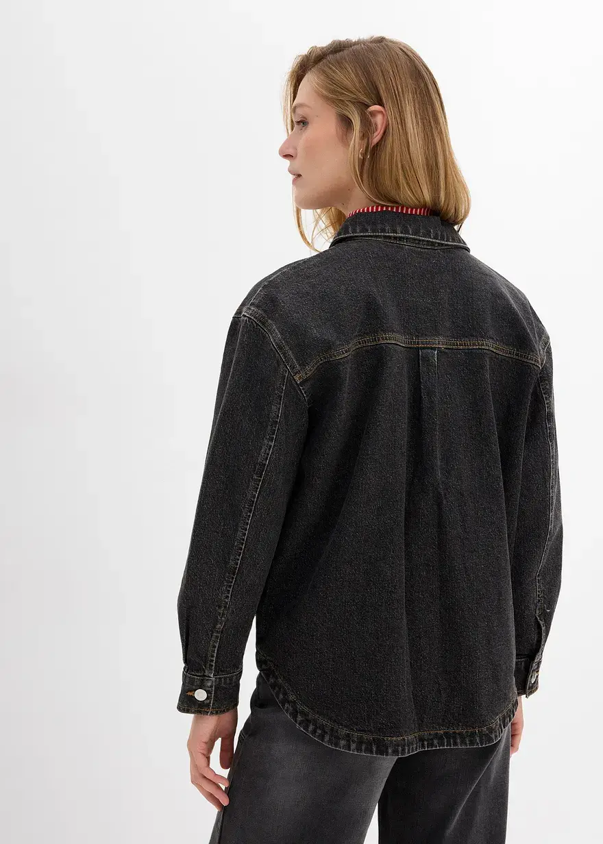 Bonprix Lockeres Jeanshemd Mit Taschen Und Kentkragen - Schwarz