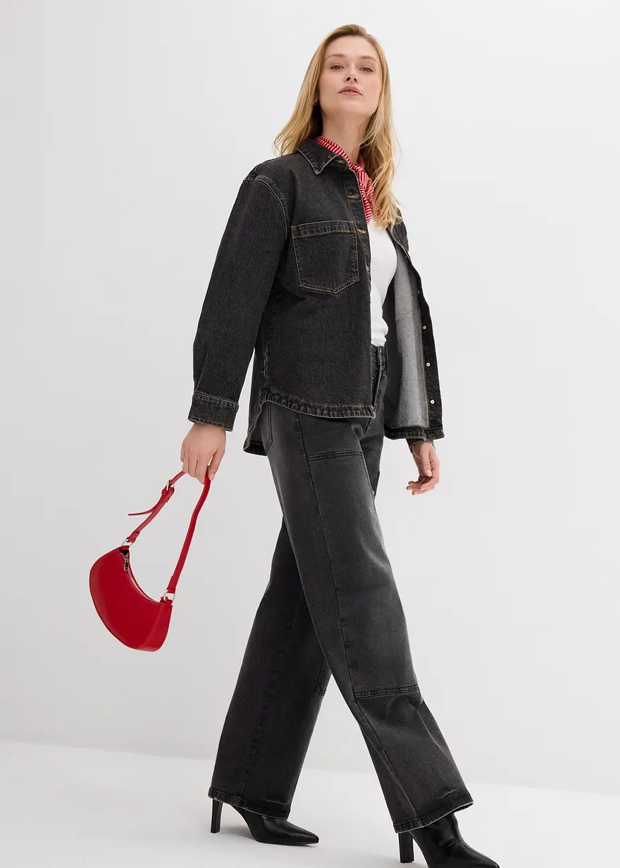 Bonprix Lockeres Jeanshemd Mit Taschen Und Kentkragen - Schwarz