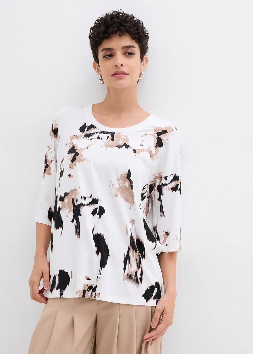 Bonprix Lockeres T-Shirt Aus Feiner Viskose Mit Weitem Ausschnitt Und 3/4-Ärmeln
