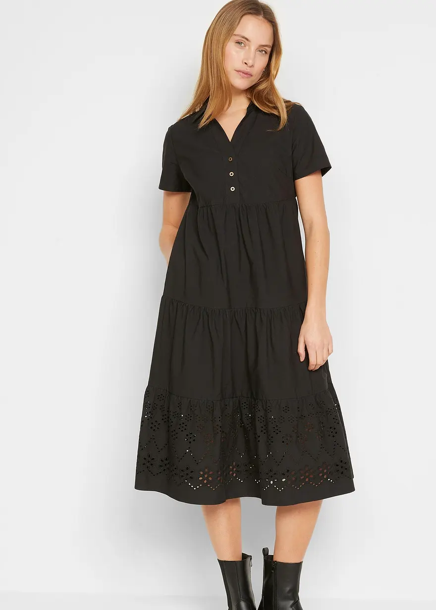 Bonprix Lockeres Tunika-Kleid Mit Lochstickerei - Schwarz