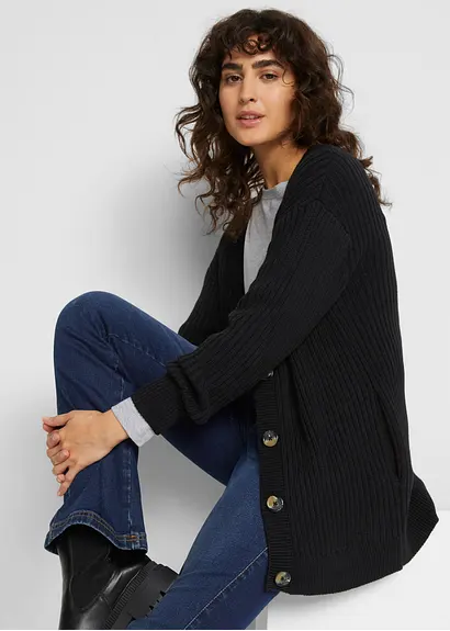 Bonprix Long-Strickjacke Aus Rippstrick - Schwarz - Damen