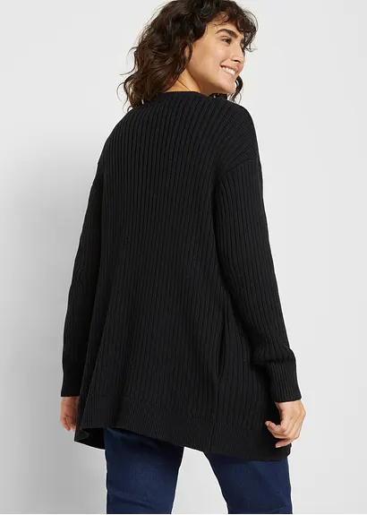 Bonprix Long-Strickjacke Aus Rippstrick - Schwarz - Damen