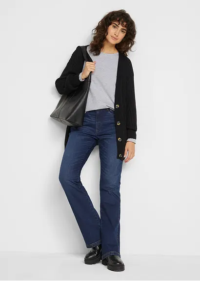 Bonprix Long-Strickjacke Aus Rippstrick - Schwarz - Damen
