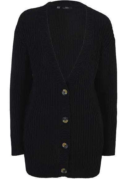 bonprix Long-Strickjacke aus Rippstrick - schwarz - Damen
