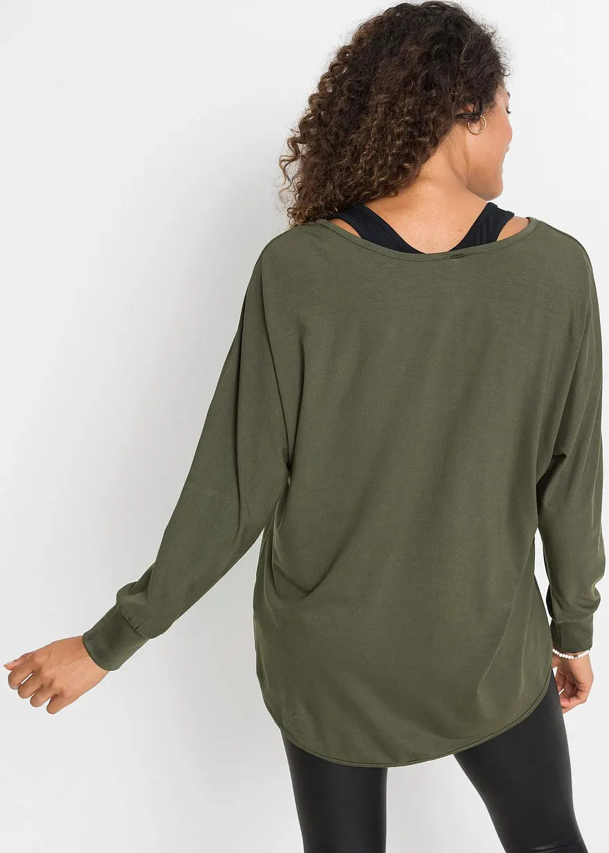 Bonprix Longshirt Mit Top Aus Viskose (2-tlg.Set) - Dunkeloliv/schwarz