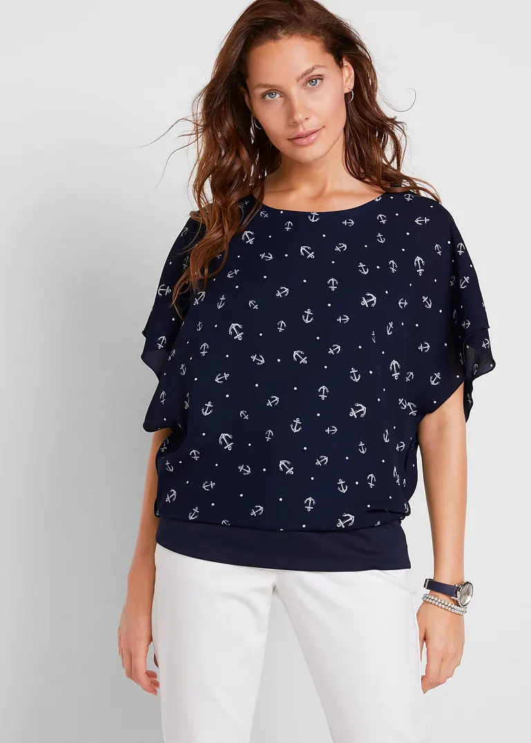 Bonprix Luftige Kurzärmlige Georgette-Bluse Mit Breitem Bund Am Saumen